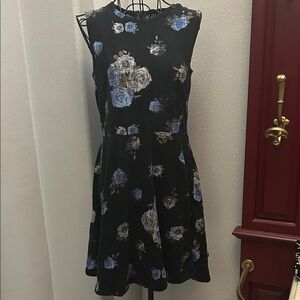 Floral Black and Blue Sleeveless Skater Dress